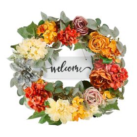 Artificial Decorative Wreath, 24 in, Red Orange Yellow, Decorated with Hydrangeas, Roses, Wooden Sign